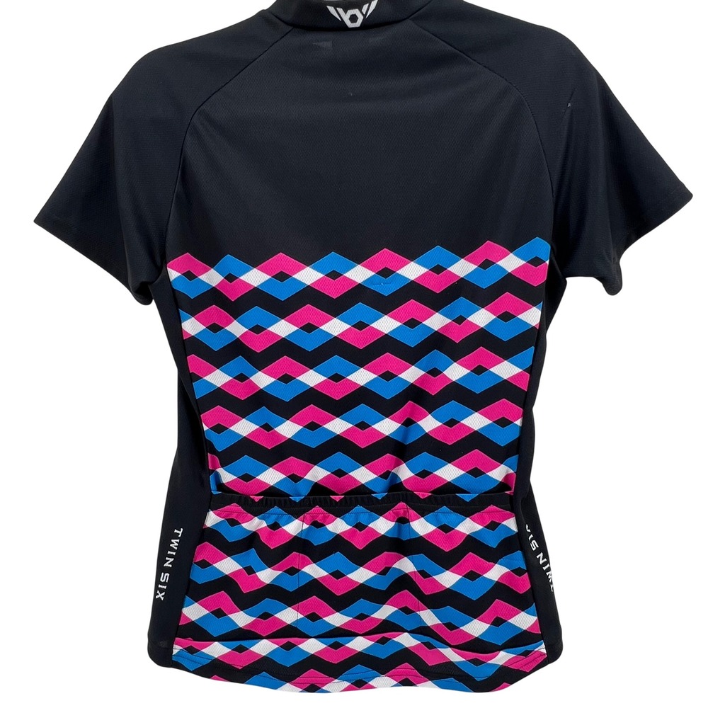 Twin Six Club Raglan Cycling Jersey Womens Medium Black Pink Blue Geometric - Picture 2 of 6